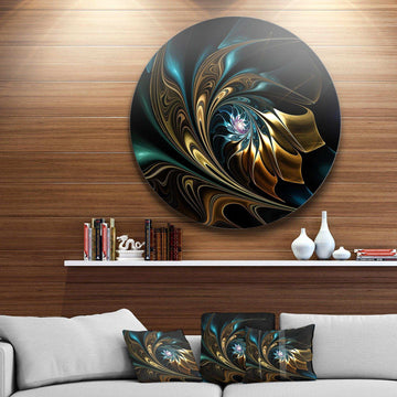 Brown Blue Fractal Flower in Black - Abstract Large Metal Circle Wall Art